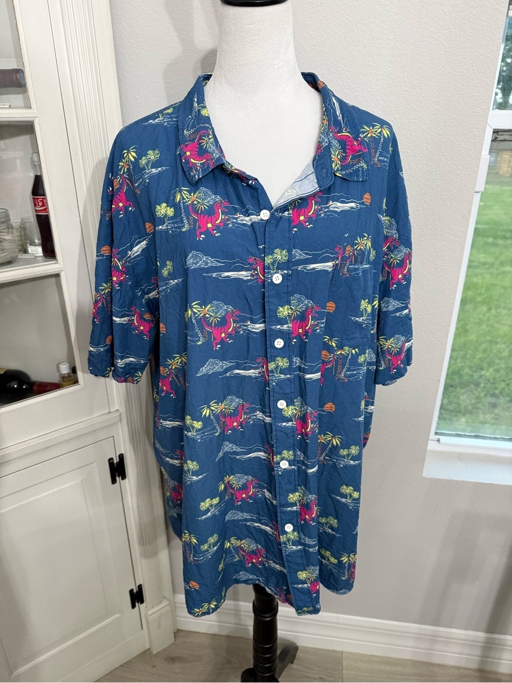 Tipsy Elves Blue Tropical Dino Print Short-Sleeve Button Down